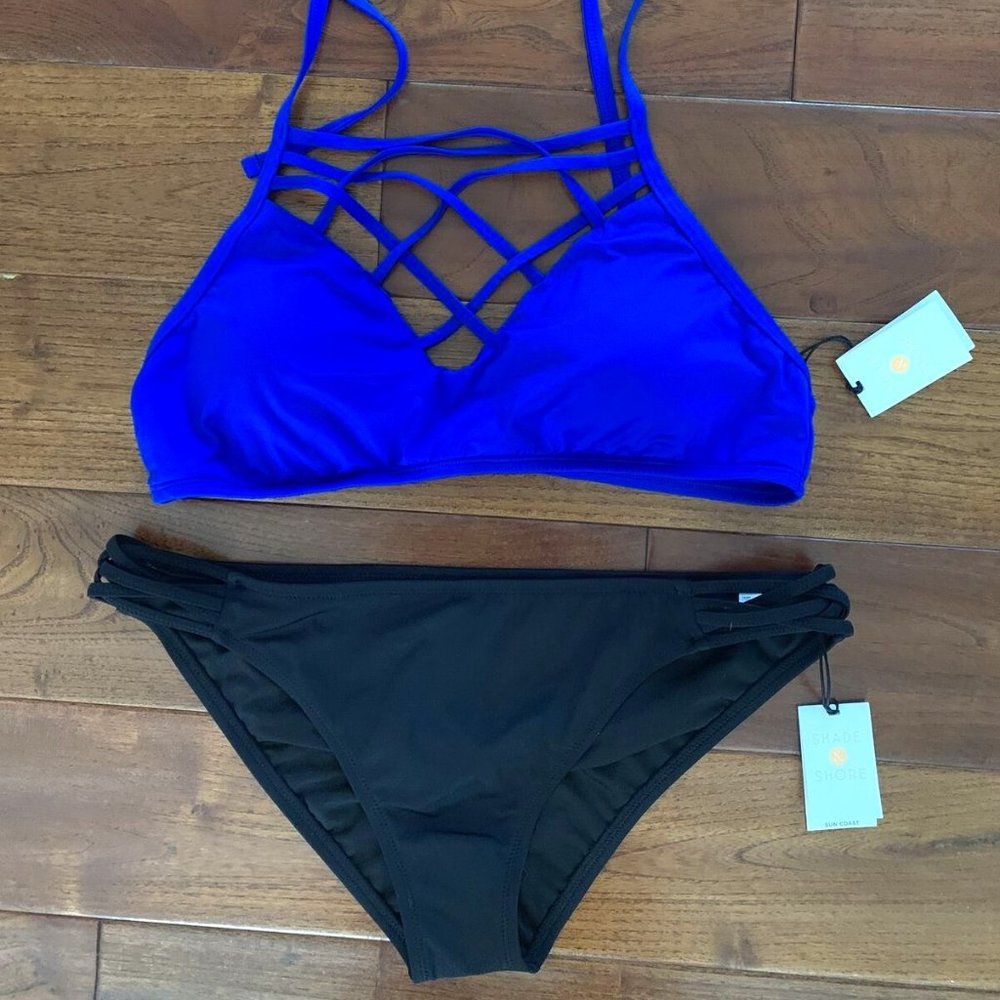 Shade & Shore size L swimsuit black cheeky bottom blue strappy padded top NWT